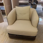 Beige Leather Sofa Set with Dark Natural Wood Veneer & Gold Stainless Steel Trim